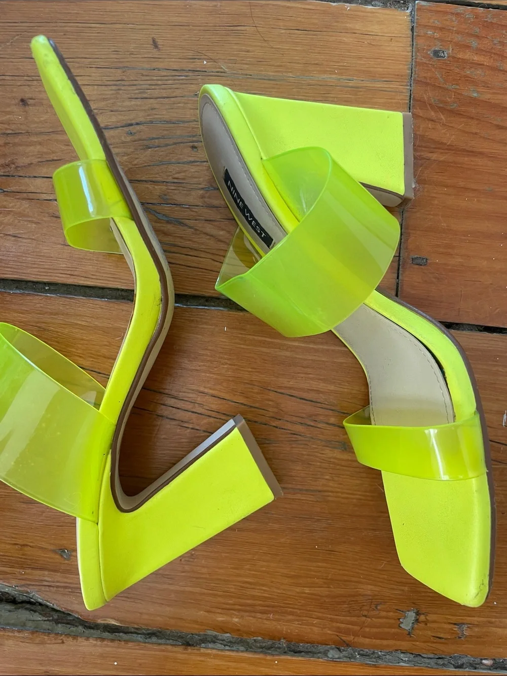 Nine West Neon Yellow Clear Strap Slide Heels